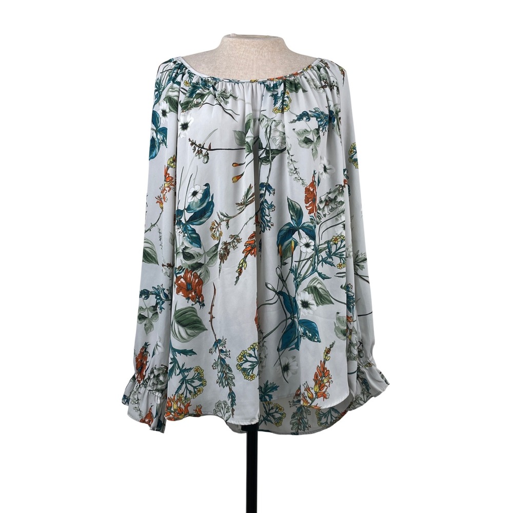 Karen Kane Womens‎ 3X Floral Peasant Blouse White Ruffle Cuff Long Sleeve Top